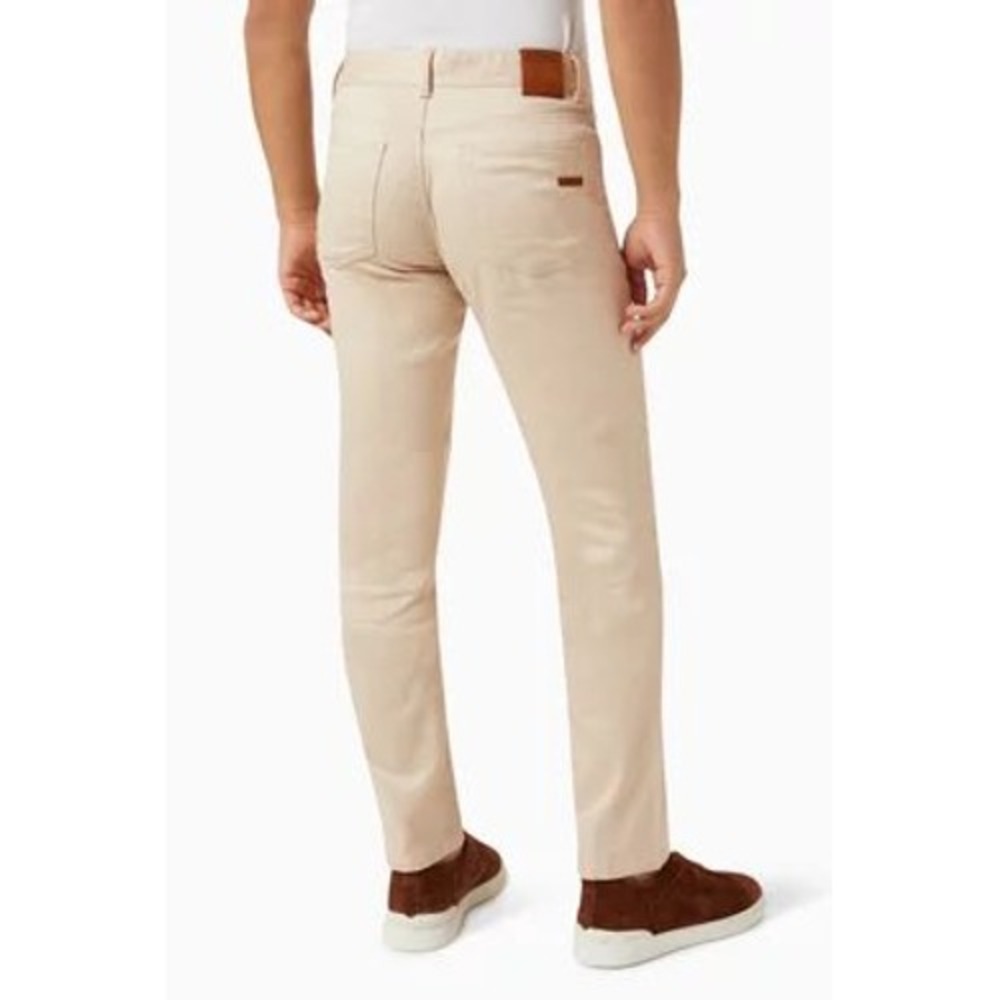 Zegna Roccia cotton line Beige Five‎ Pocket Trousers leather tab pants Sz 34